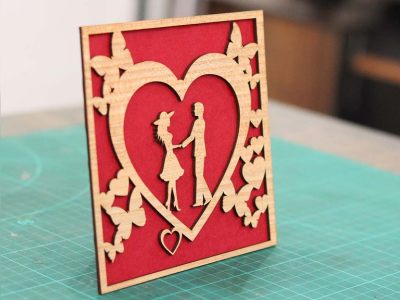 Happy Valentine Day Gift Card Couple with Heart Wooden Card Laser Cut Vector File