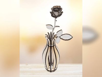 Wooden Rose with Vase Wooden Flower Decoration Vector File for Laser Cutting